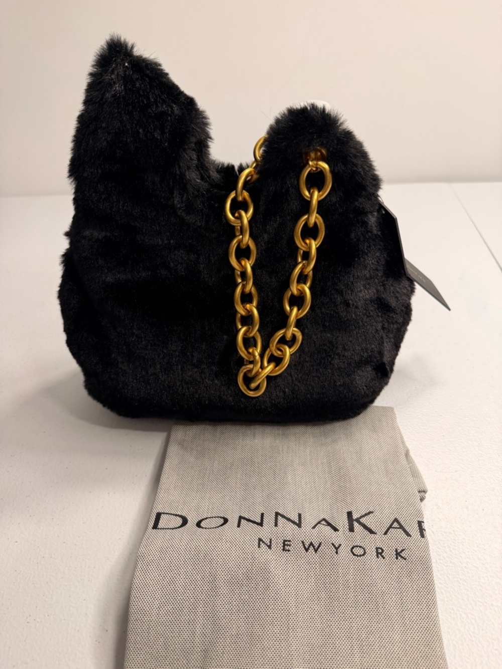 Donna Karan New York Lawrence Black Faux Fur Wristlet Chain Handle NWT Dust Bag